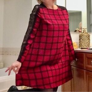 Gianni Bini Red Plaid Dress with Black Lace Sleeves